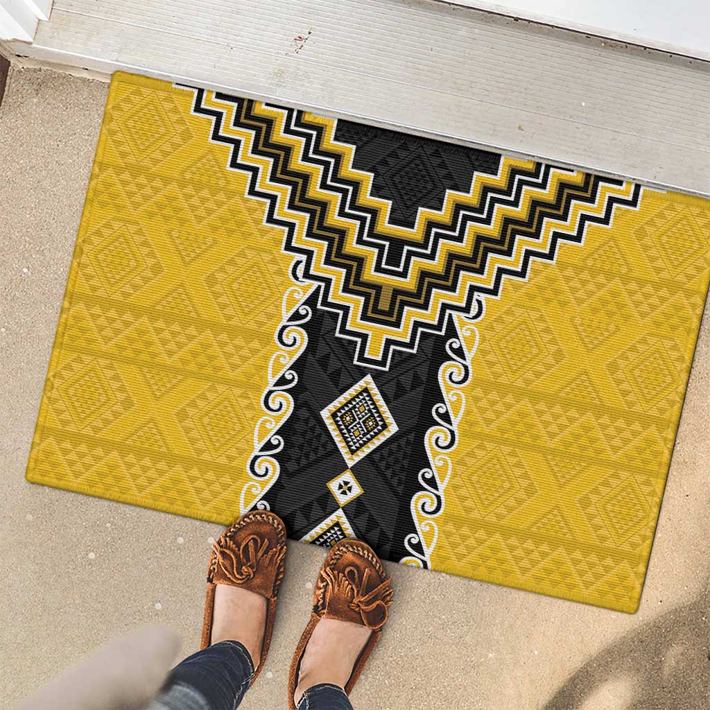 Yellow Niho Taniwha Mix Poutama Rubber Doormat Unique Taniko Aotearoa