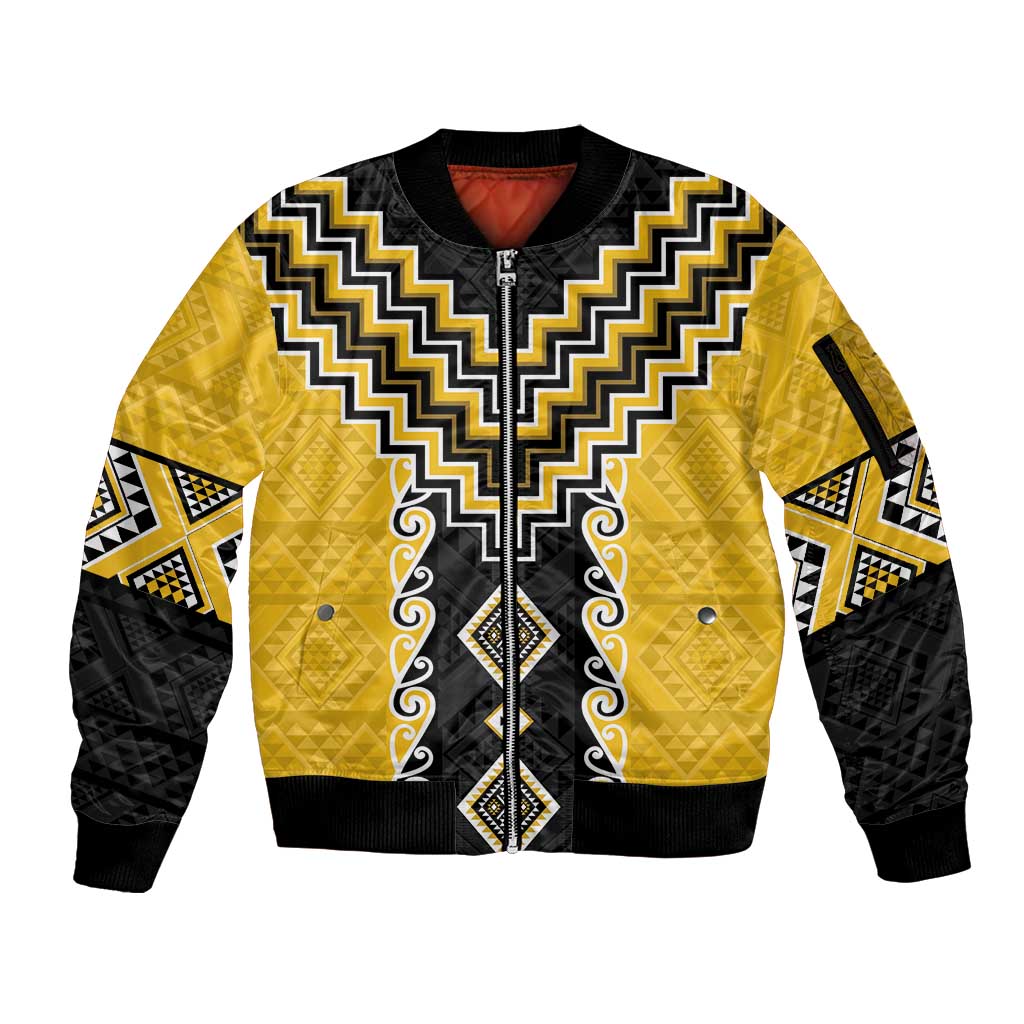 Yellow Niho Taniwha Mix Poutama Sleeve Zip Bomber Jacket Unique Taniko Aotearoa LT01 Unisex Yellow - Polynesian Pride