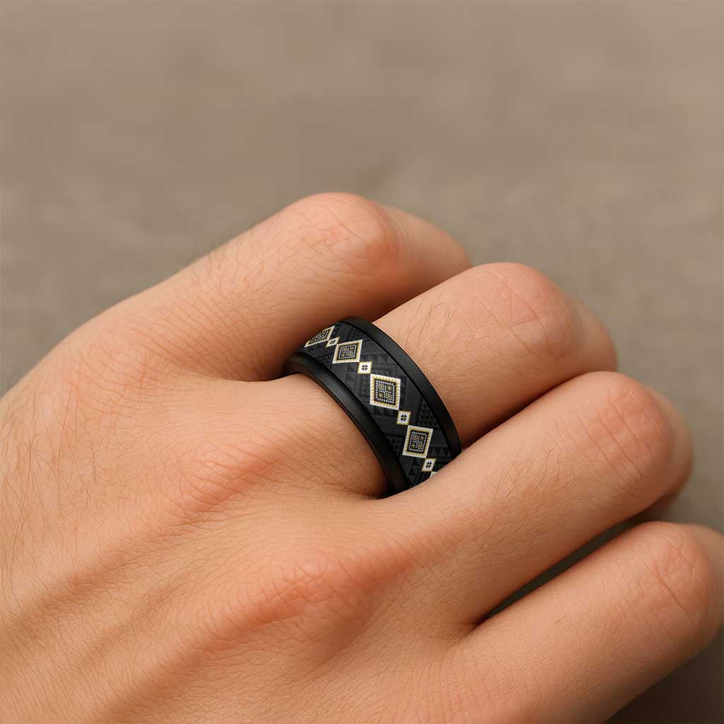 Yellow Niho Taniwha Mix Poutama Spinner Ring Unique Taniko Aotearoa - Polynesian Pride