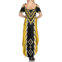 Yellow Niho Taniwha Mix Poutama Summer Maxi Dress Unique Taniko Aotearoa