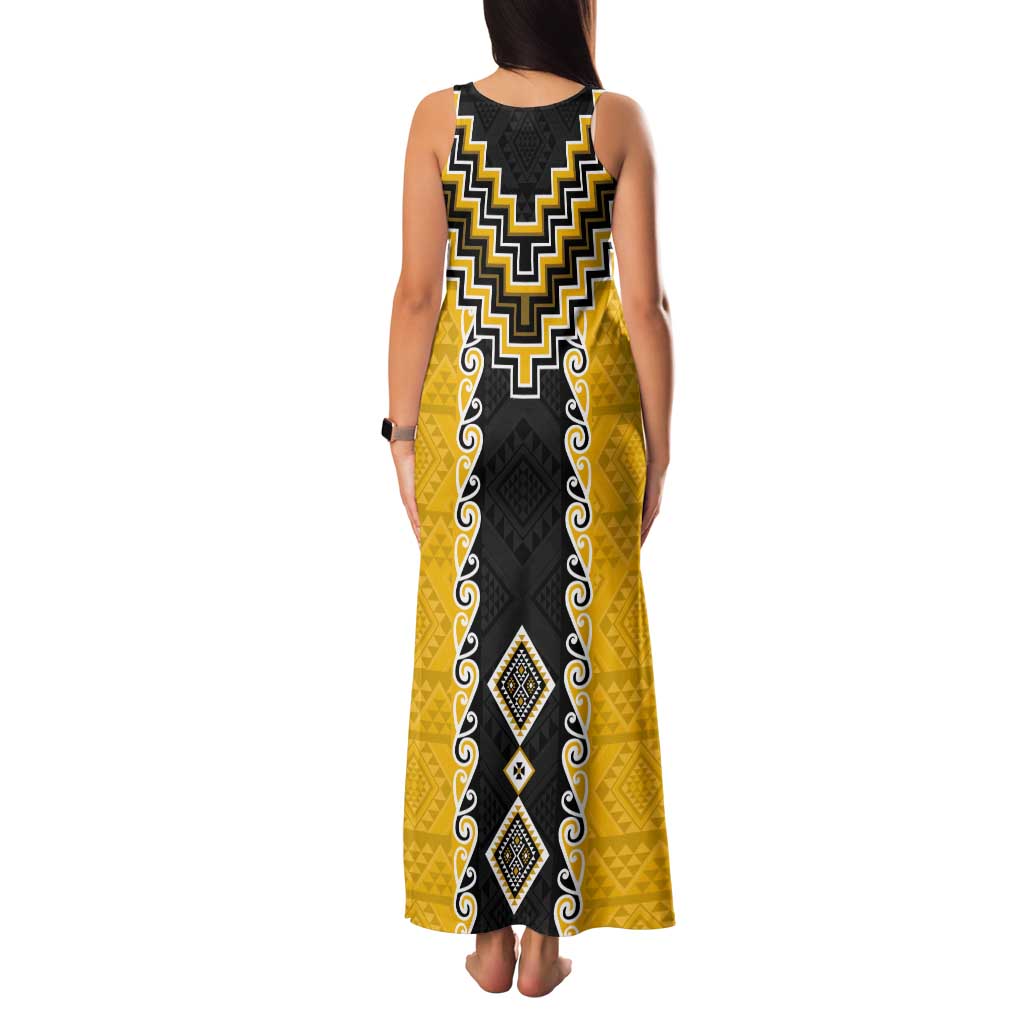 Yellow Niho Taniwha Mix Poutama Tank Maxi Dress Unique Taniko Aotearoa