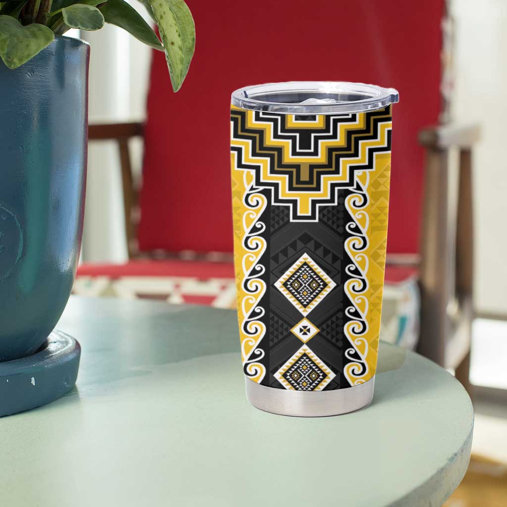 Yellow Niho Taniwha Mix Poutama Tumbler Cup Unique Taniko Aotearoa