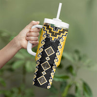 Yellow Niho Taniwha Mix Poutama Tumbler With Handle Unique Taniko Aotearoa