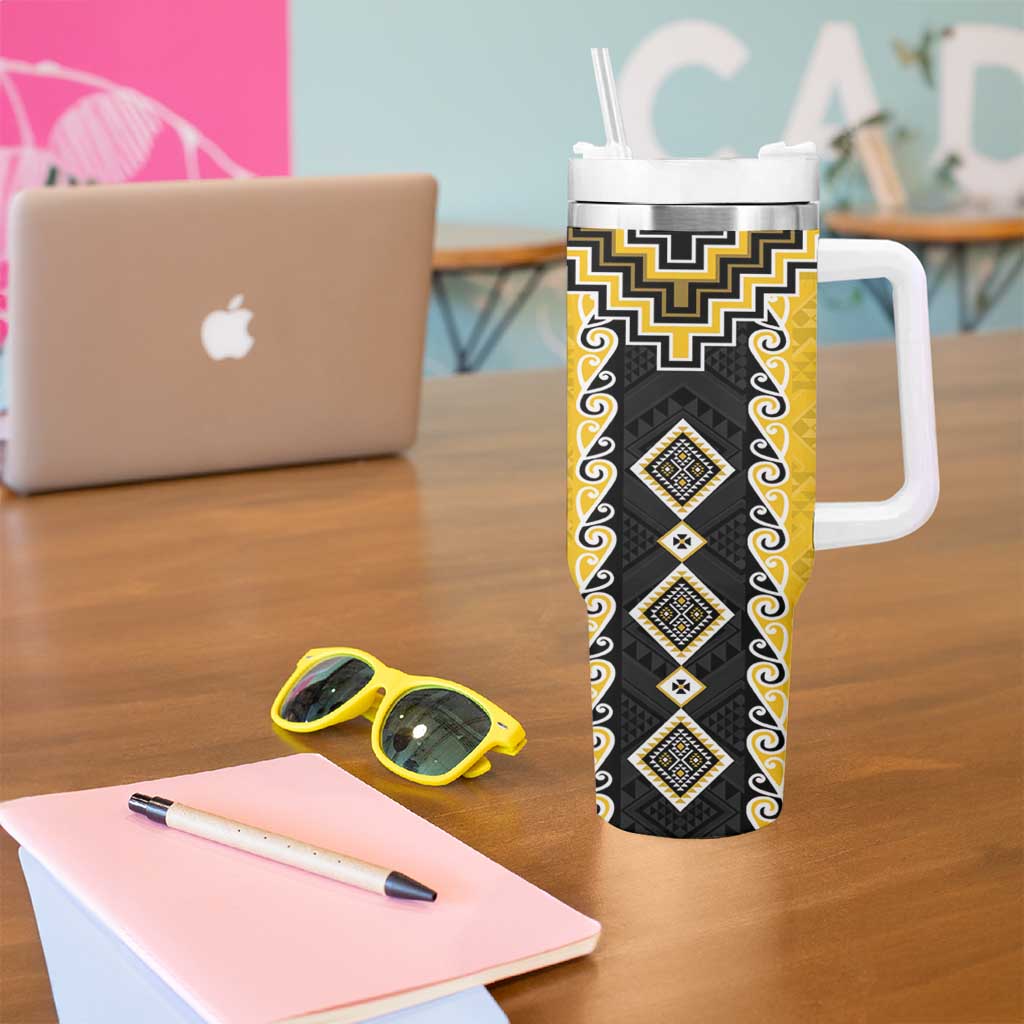 Yellow Niho Taniwha Mix Poutama Tumbler With Handle Unique Taniko Aotearoa