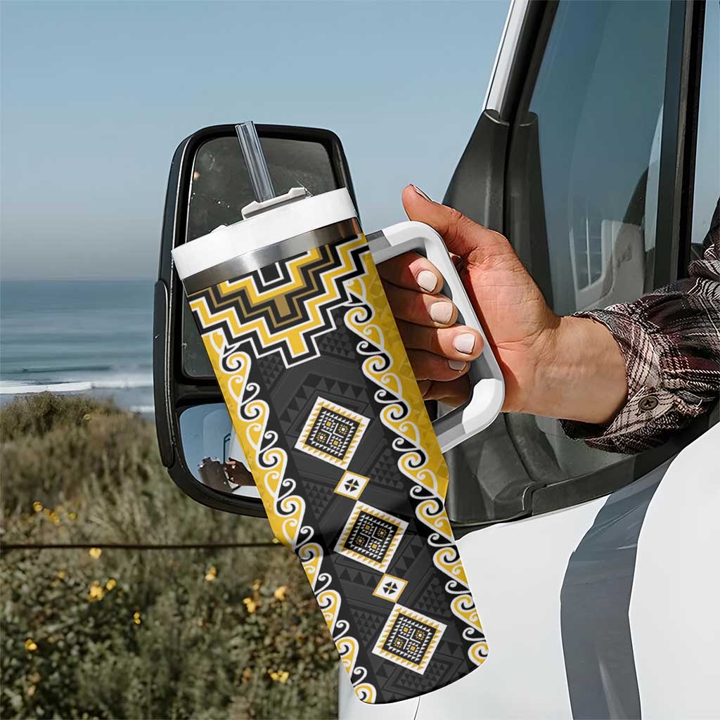 Yellow Niho Taniwha Mix Poutama Tumbler With Handle Unique Taniko Aotearoa