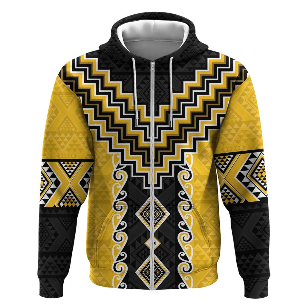 Yellow Niho Taniwha Mix Poutama Zip Hoodie Unique Taniko Aotearoa LT01 Zip Hoodie Yellow - Polynesian Pride