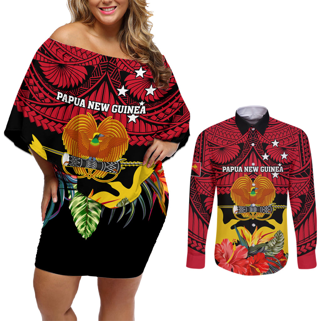 Papua New Guinea Couples Matching Off Shoulder Short Dress and Long Sleeve Button Shirts Bird Of Paradise Mix Polynesian Pattern LT01 Red - Polynesian Pride