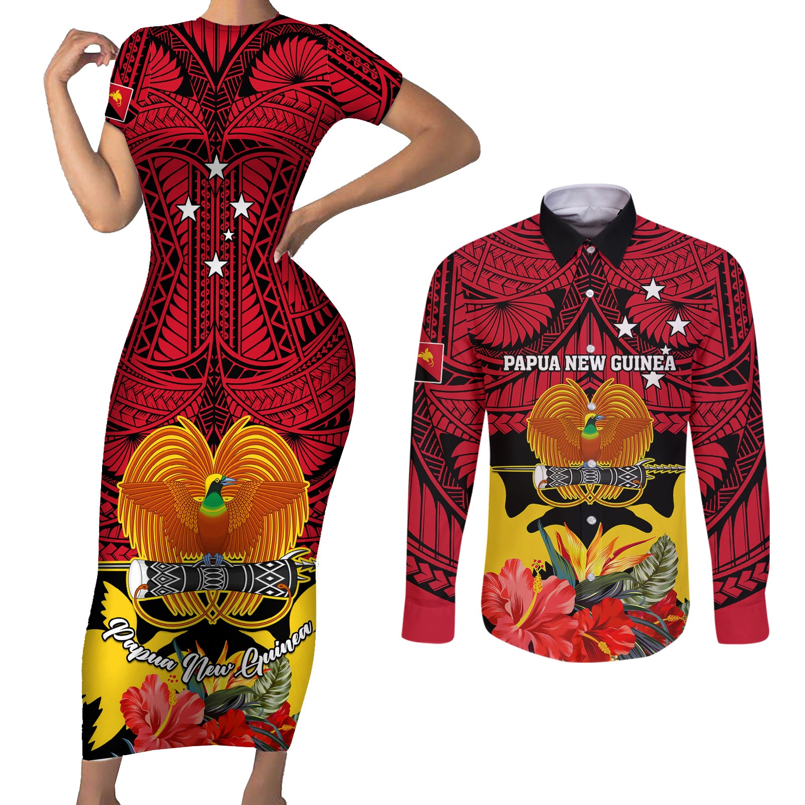 Papua New Guinea Couples Matching Short Sleeve Bodycon Dress and Long Sleeve Button Shirts Bird Of Paradise Mix Polynesian Pattern LT01 Red - Polynesian Pride