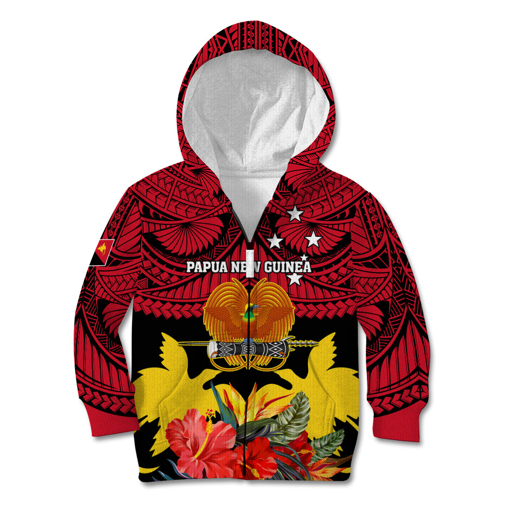 Papua New Guinea Kid Hoodie Bird Of Paradise Mix Polynesian Pattern LT01 Zip Hoodie Red - Polynesian Pride