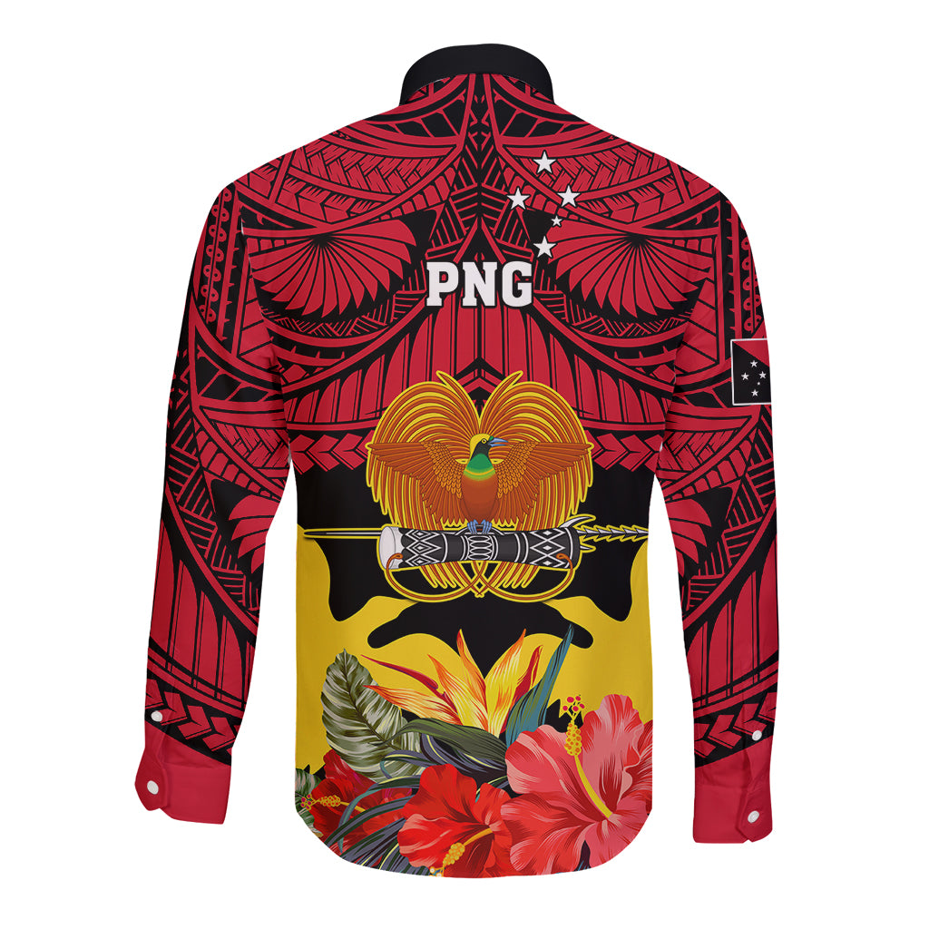 Papua New Guinea Long Sleeve Button Shirt Bird Of Paradise Mix Polynesian Pattern LT01 - Polynesian Pride