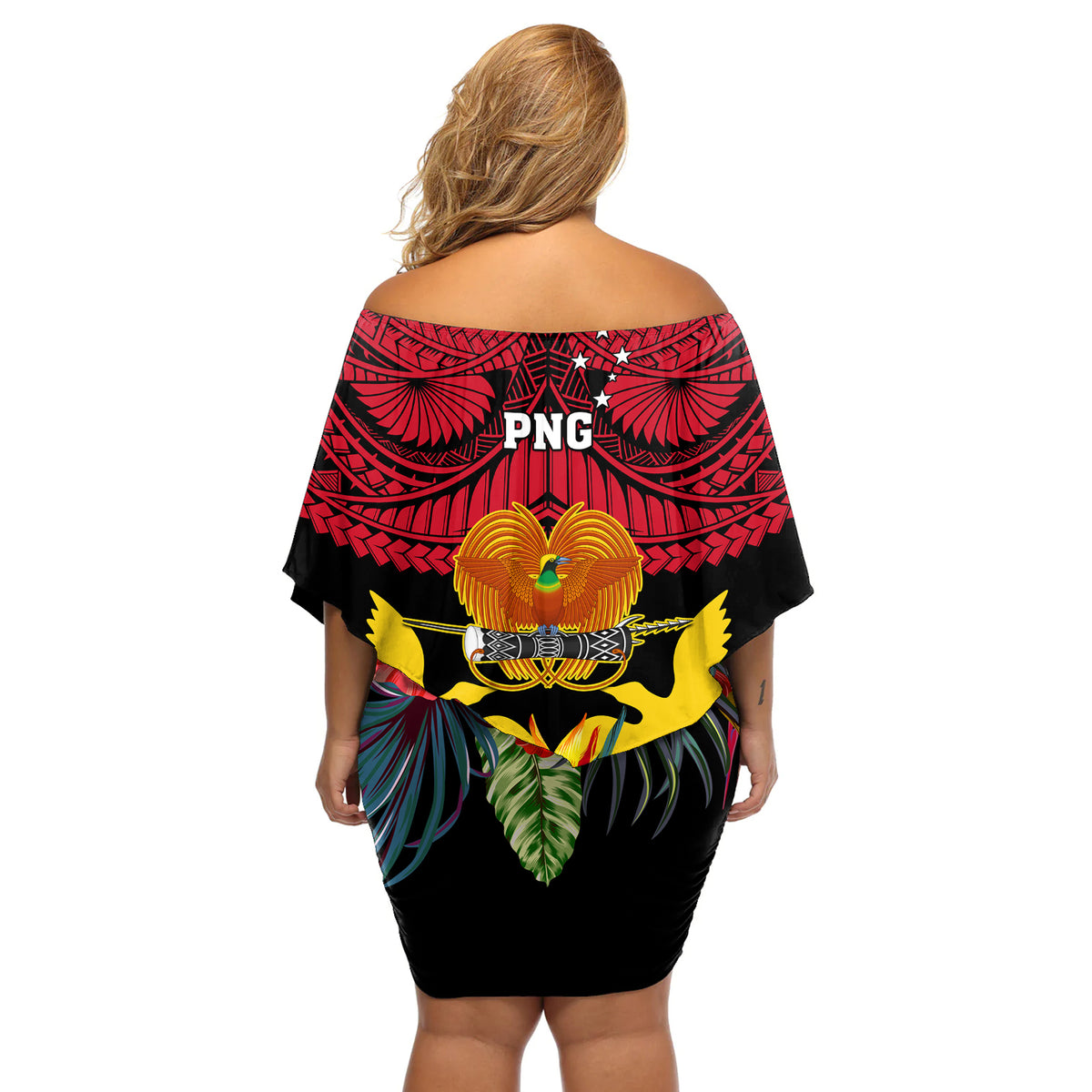 Papua New Guinea Off Shoulder Short Dress Bird Of Paradise Mix Polynesian Pattern LT01 - Polynesian Pride