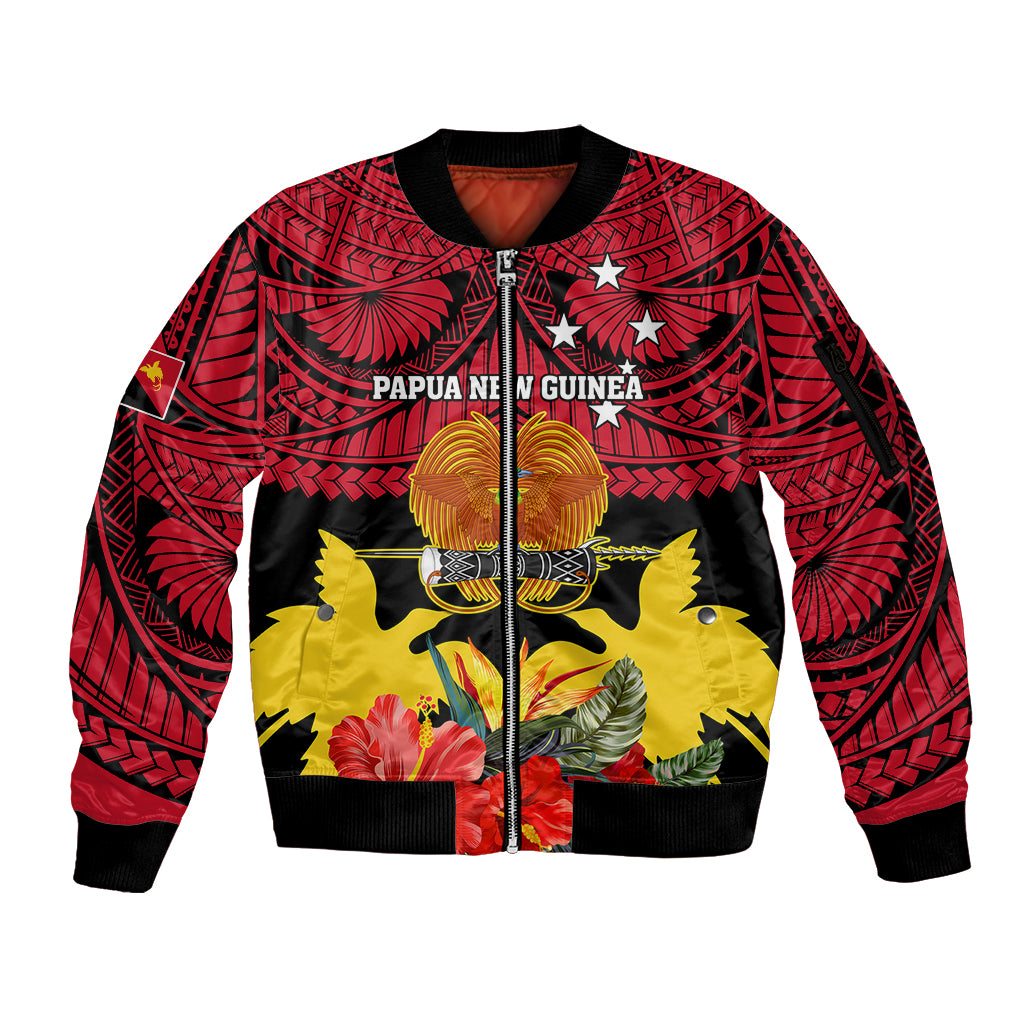 Papua New Guinea Sleeve Zip Bomber Jacket Bird Of Paradise Mix Polynesian Pattern LT01 Unisex Red - Polynesian Pride