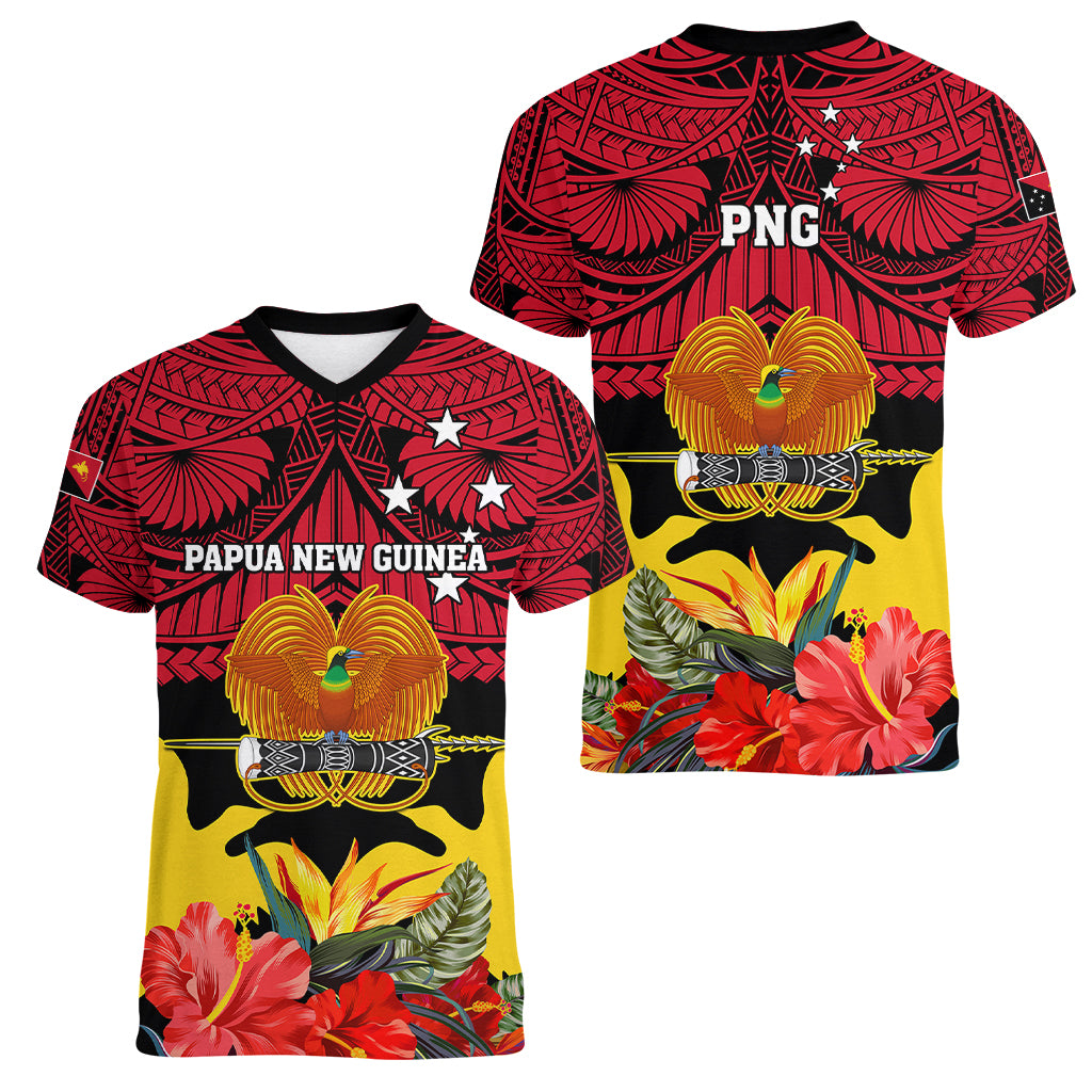 Papua New Guinea Women V Neck T Shirt Bird Of Paradise Mix Polynesian Pattern LT01 - Polynesian Pride