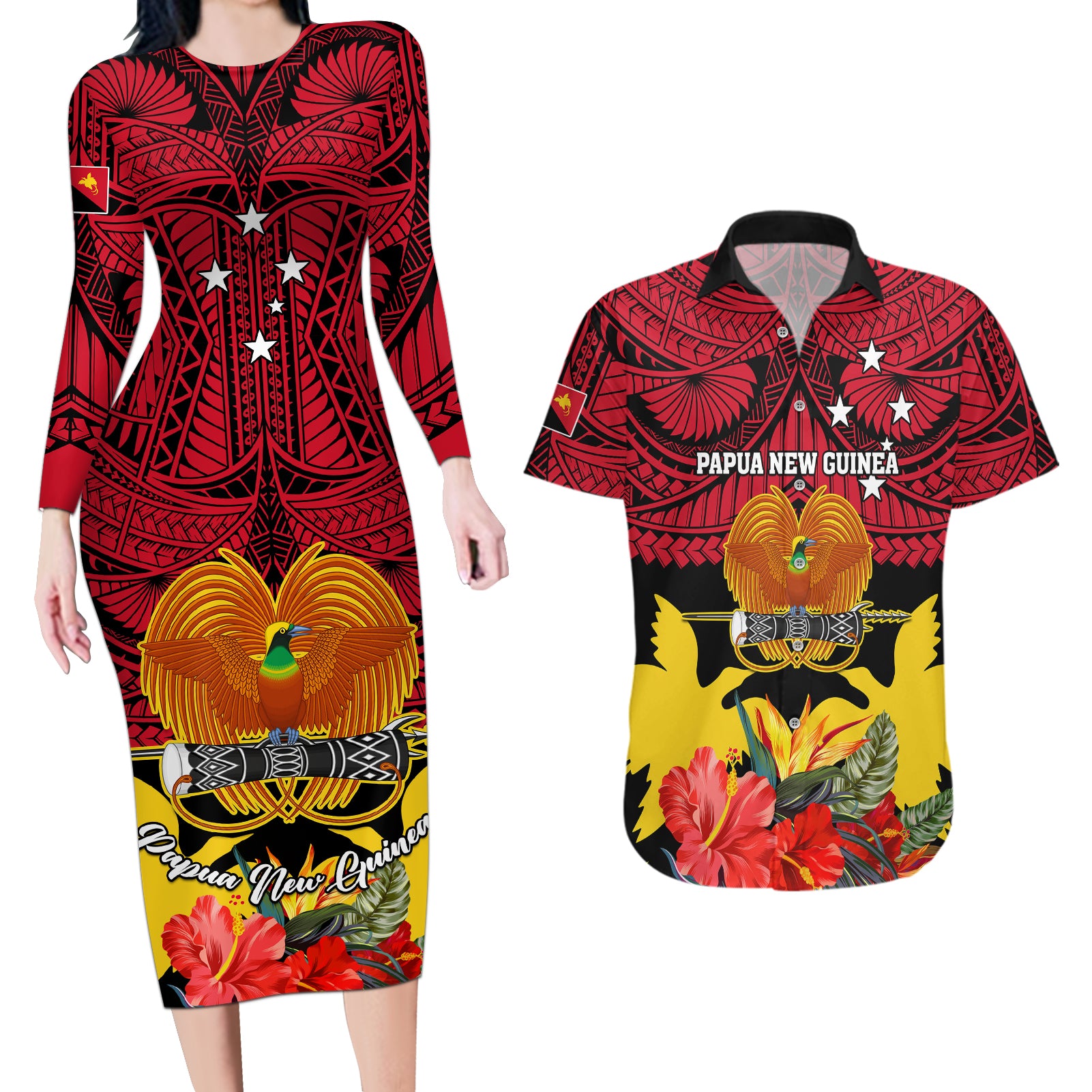 Personalised Papua New Guinea Couples Matching Long Sleeve Bodycon Dress and Hawaiian Shirt Bird Of Paradise Mix Polynesian Pattern LT01 Red - Polynesian Pride