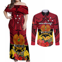 Personalised Papua New Guinea Couples Matching Off Shoulder Maxi Dress and Long Sleeve Button Shirts Bird Of Paradise Mix Polynesian Pattern LT01 Red - Polynesian Pride