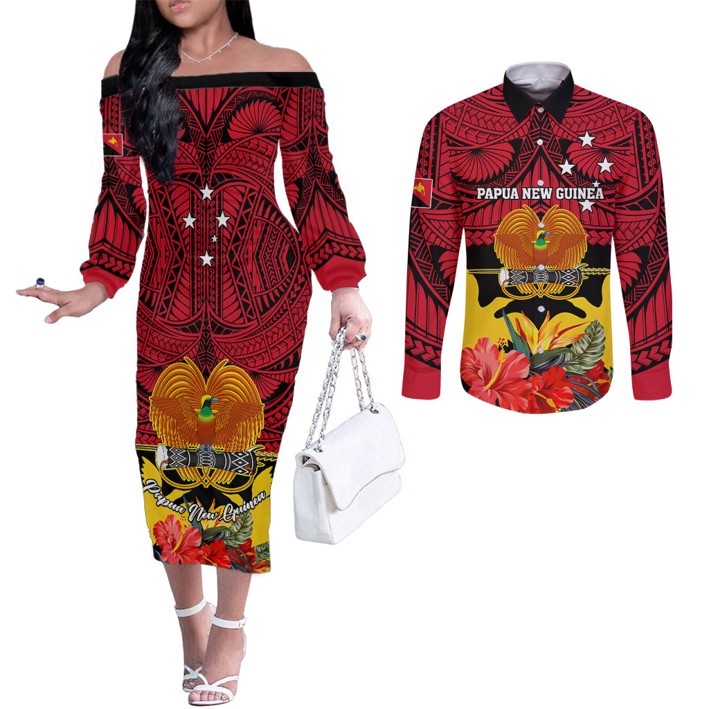 Personalised Papua New Guinea Couples Matching Off The Shoulder Long Sleeve Dress and Long Sleeve Button Shirts Bird Of Paradise Mix Polynesian Pattern LT01 Red - Polynesian Pride