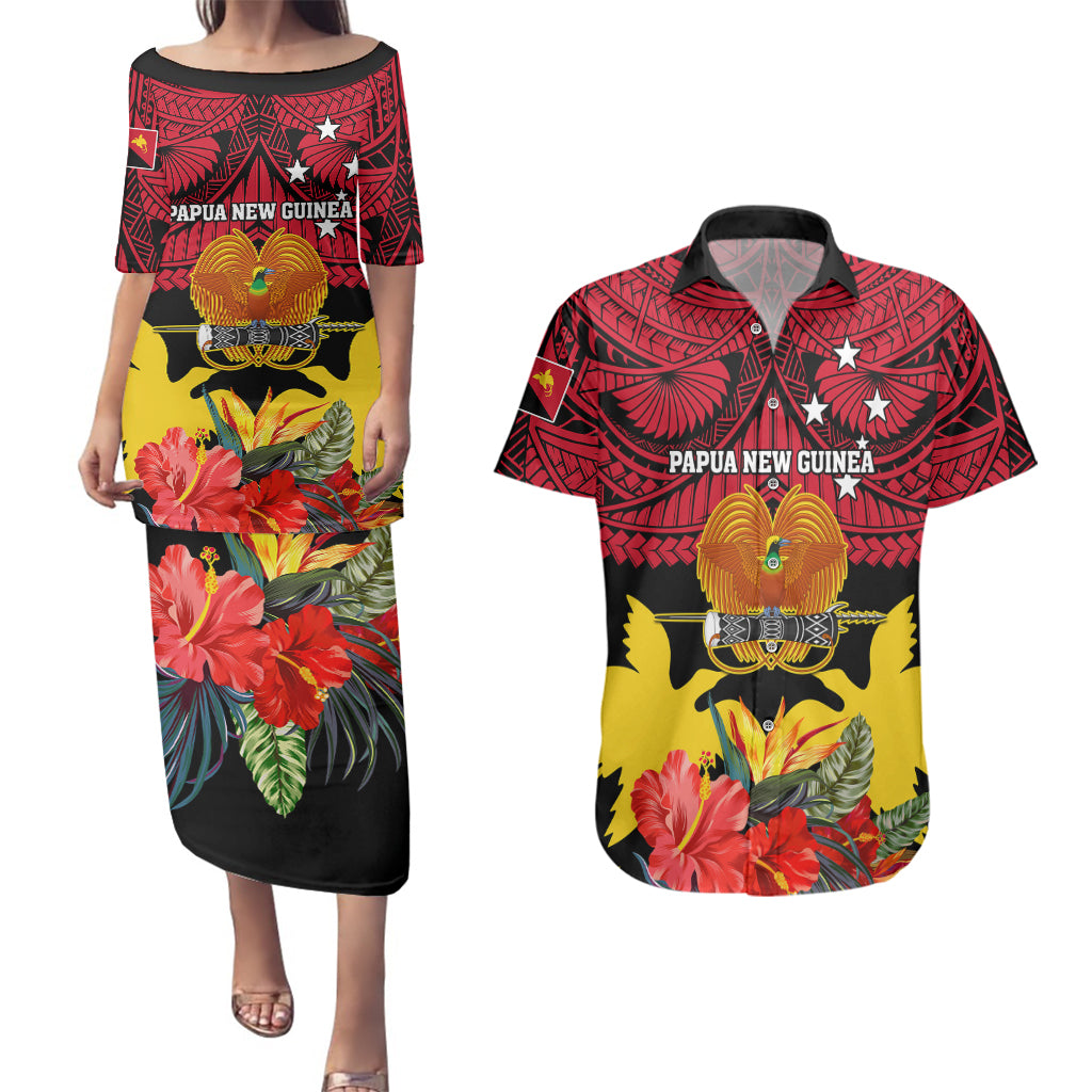 Personalised Papua New Guinea Couples Matching Puletasi Dress and Hawaiian Shirt Bird Of Paradise Mix Polynesian Pattern LT01 Red - Polynesian Pride