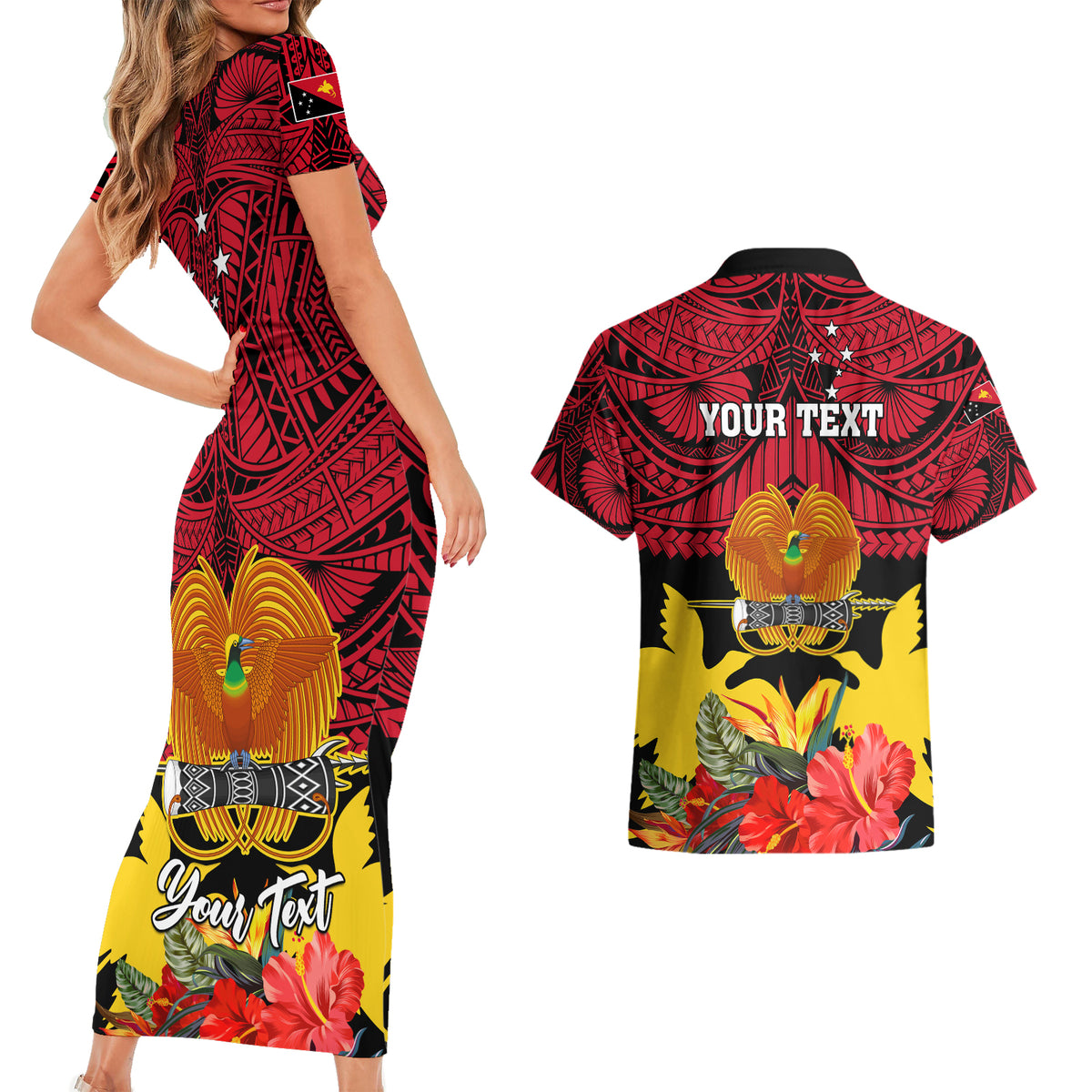 Personalised Papua New Guinea Couples Matching Short Sleeve Bodycon Dress and Hawaiian Shirt Bird Of Paradise Mix Polynesian Pattern LT01 - Polynesian Pride