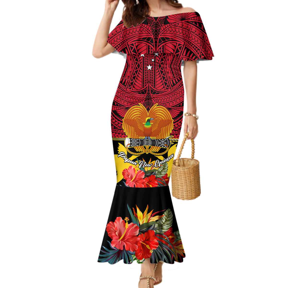 Personalised Papua New Guinea Mermaid Dress Bird Of Paradise Mix Polynesian Pattern LT01 Women Red - Polynesian Pride