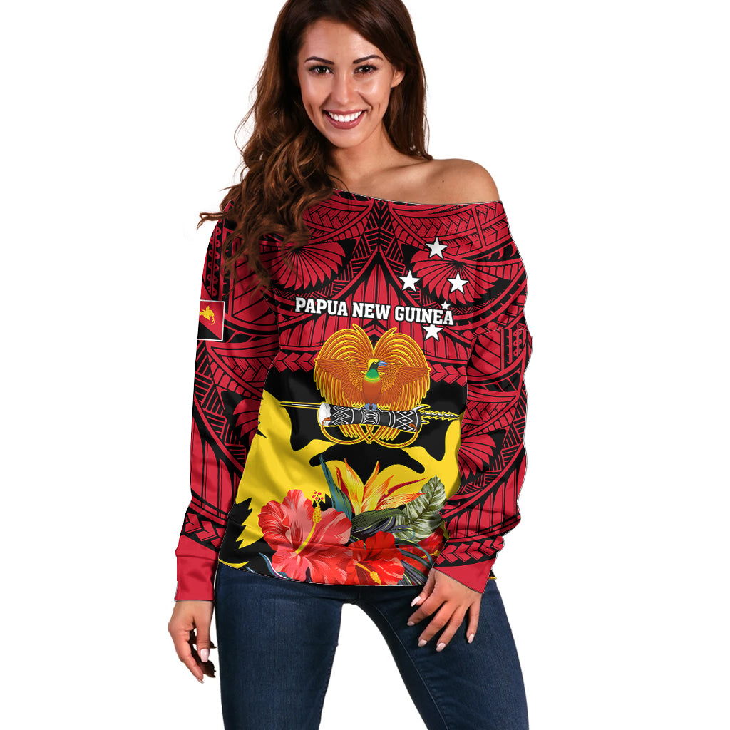 Personalised Papua New Guinea Off Shoulder Sweater Bird Of Paradise Mix Polynesian Pattern LT01 Women Red - Polynesian Pride