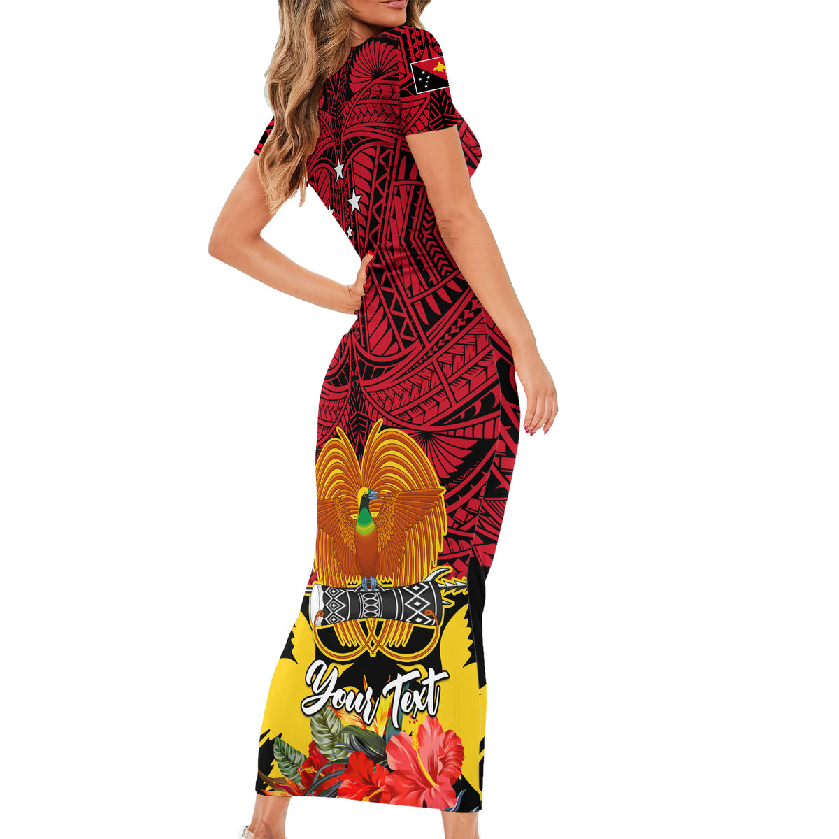 Personalised Papua New Guinea Short Sleeve Bodycon Dress Bird Of Paradise Mix Polynesian Pattern LT01 - Polynesian Pride