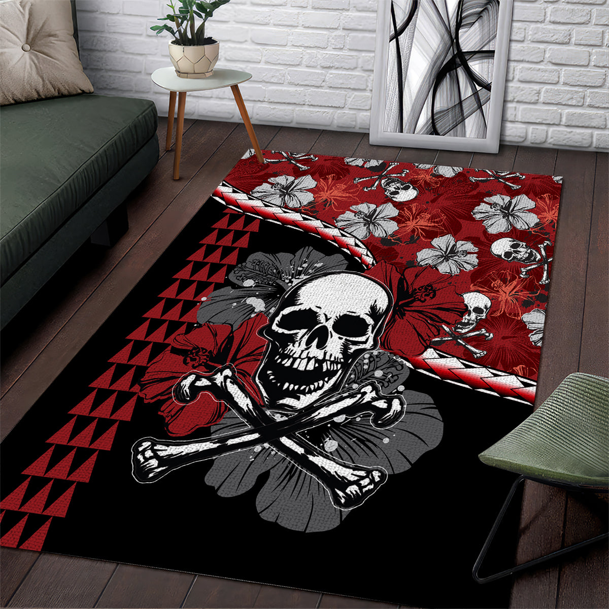 Hawaii Halloween Area Rug Hibiscus Skull Kakau Pattern LT01 Red - Polynesian Pride