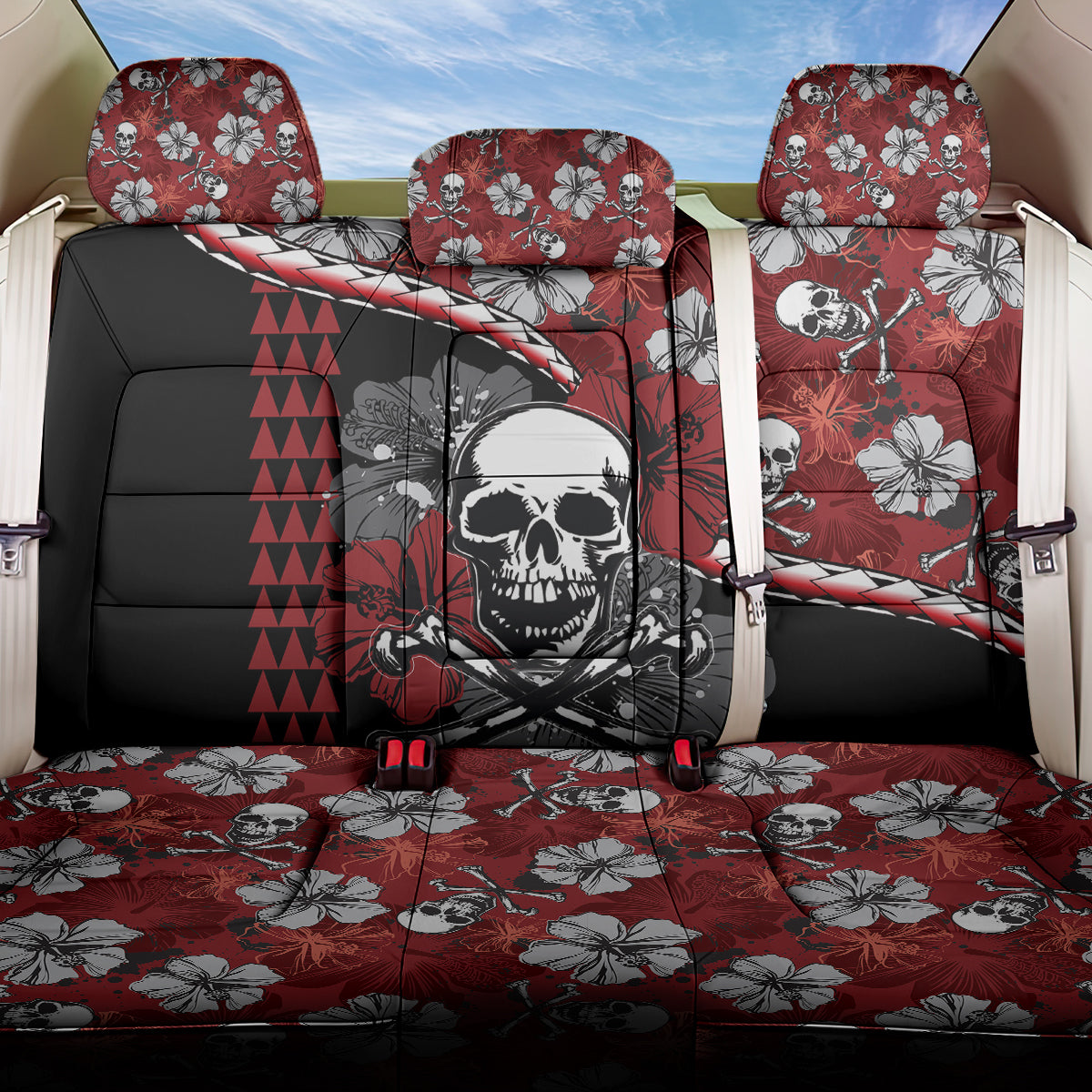 Hawaii Halloween Back Car Seat Cover Hibiscus Skull Kakau Pattern