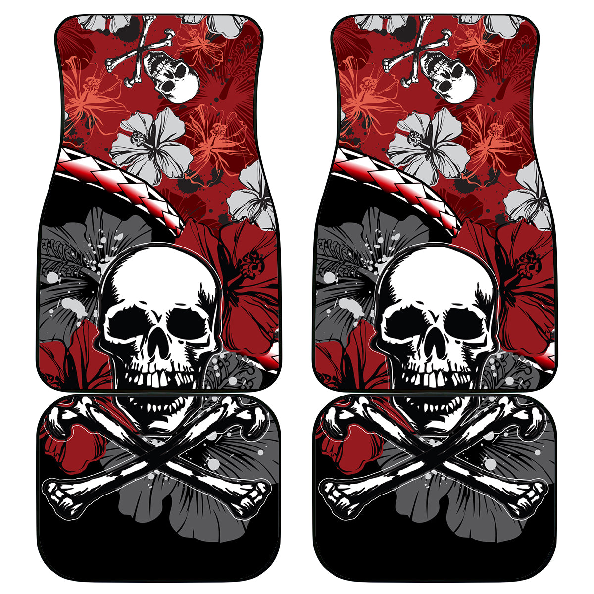 Hawaii Halloween Car Mats Hibiscus Skull Kakau Pattern LT01 Red - Polynesian Pride