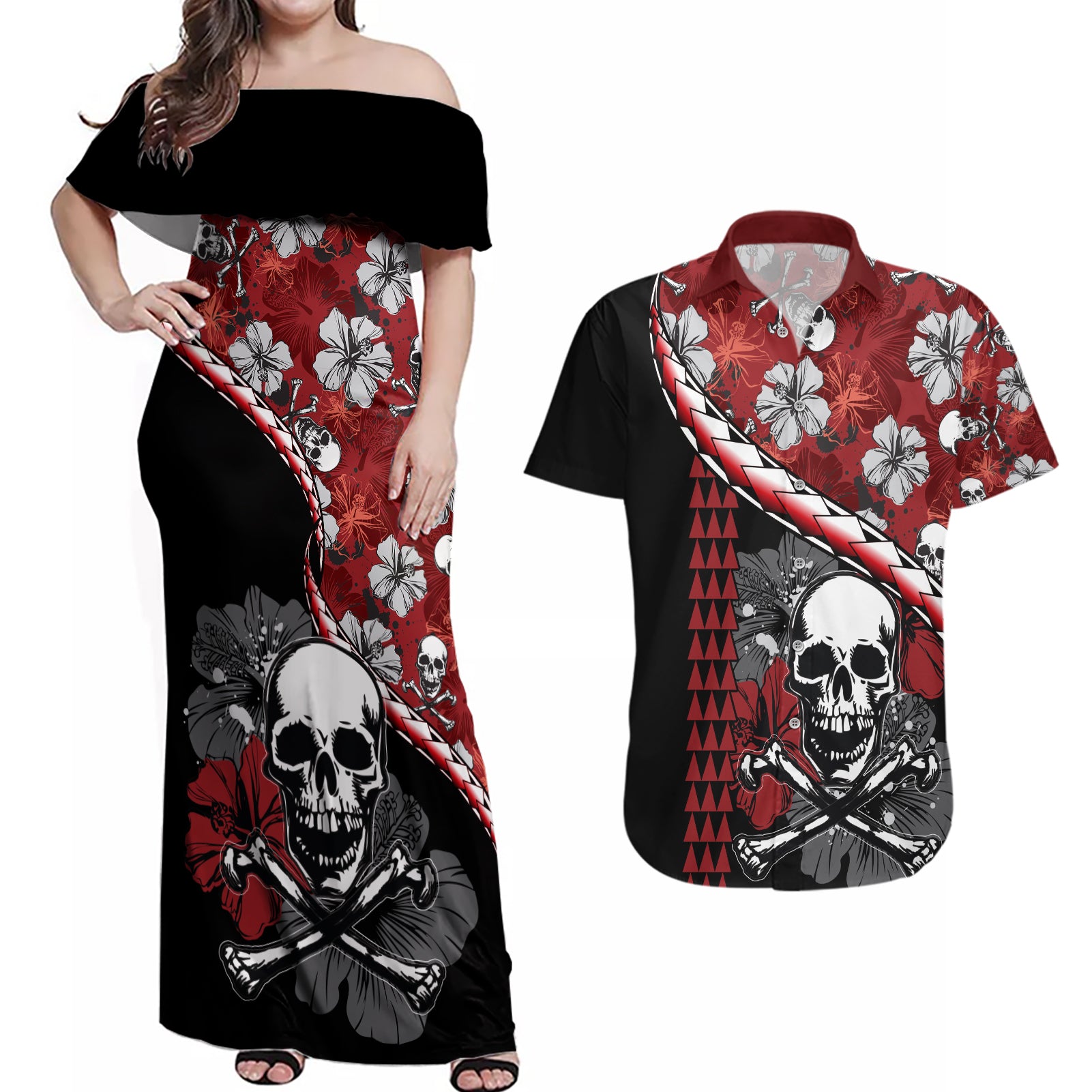 Hawaii Halloween Couples Matching Off Shoulder Maxi Dress and Hawaiian Shirt Hibiscus Skull Kakau Pattern LT01 Red - Polynesian Pride