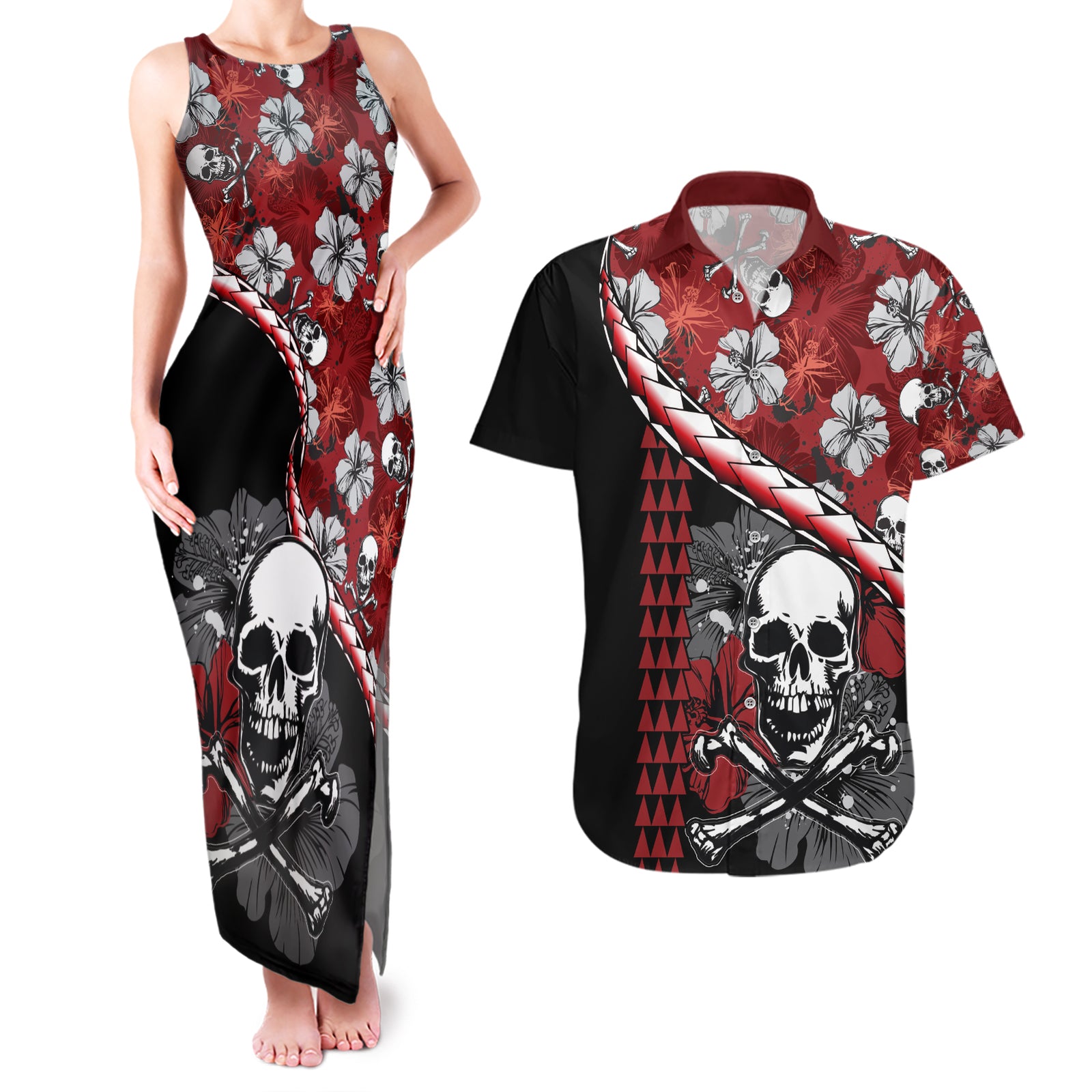 Hawaii Halloween Couples Matching Tank Maxi Dress and Hawaiian Shirt Hibiscus Skull Kakau Pattern LT01 Red - Polynesian Pride