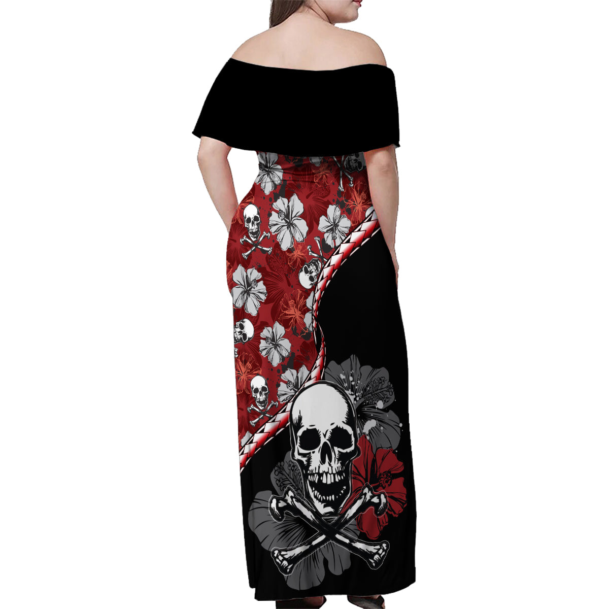Hawaii Halloween Family Matching Off Shoulder Maxi Dress and Hawaiian Shirt Hibiscus Skull Kakau Pattern LT01 - Polynesian Pride