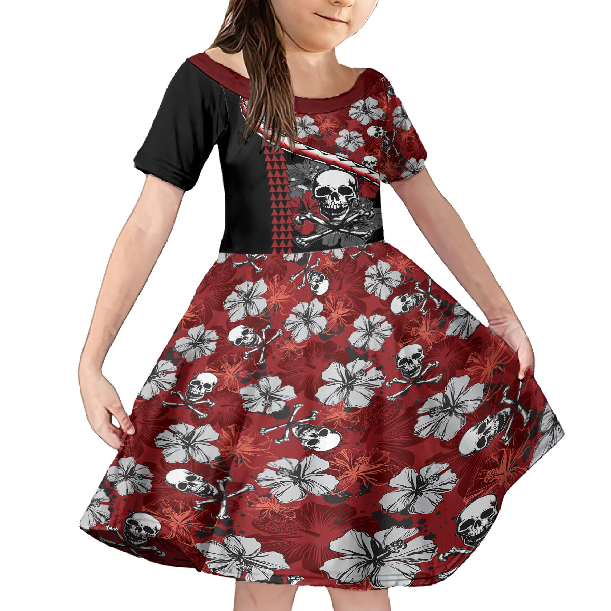 Hawaii Halloween Family Matching Puletasi Dress and Hawaiian Shirt Hibiscus Skull Kakau Pattern LT01 Daughter's Dress Red - Polynesian Pride