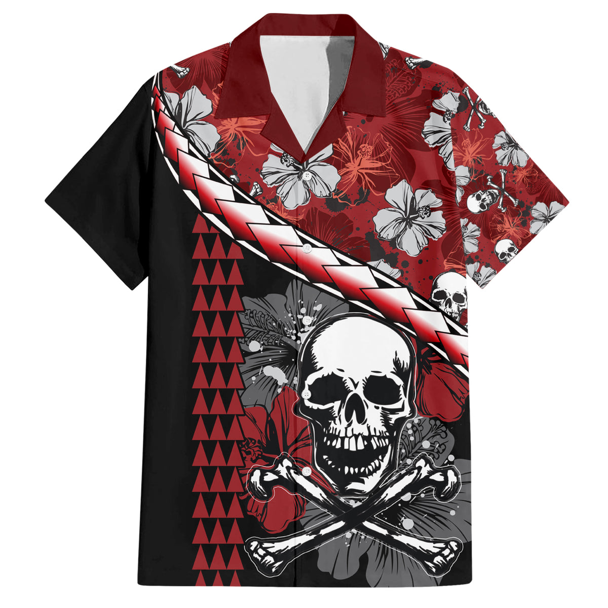 Hawaii Halloween Family Matching Short Sleeve Bodycon Dress and Hawaiian Shirt Hibiscus Skull Kakau Pattern LT01 Dad's Shirt - Short Sleeve Red - Polynesian Pride