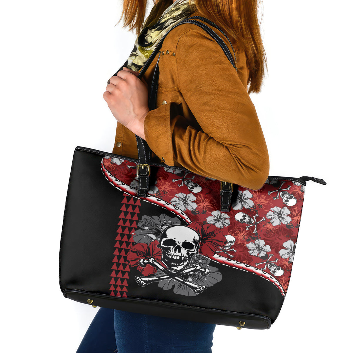 Hawaii Halloween Leather Tote Bag Hibiscus Skull Kakau Pattern LT01 Red - Polynesian Pride