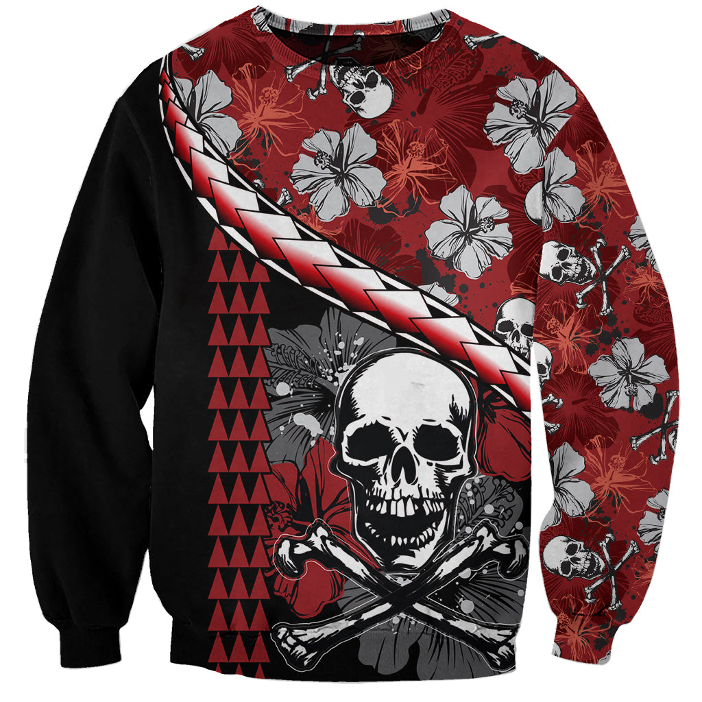 Hawaii Halloween Sweatshirt Hibiscus Skull Kakau Pattern LT01 Unisex Red - Polynesian Pride