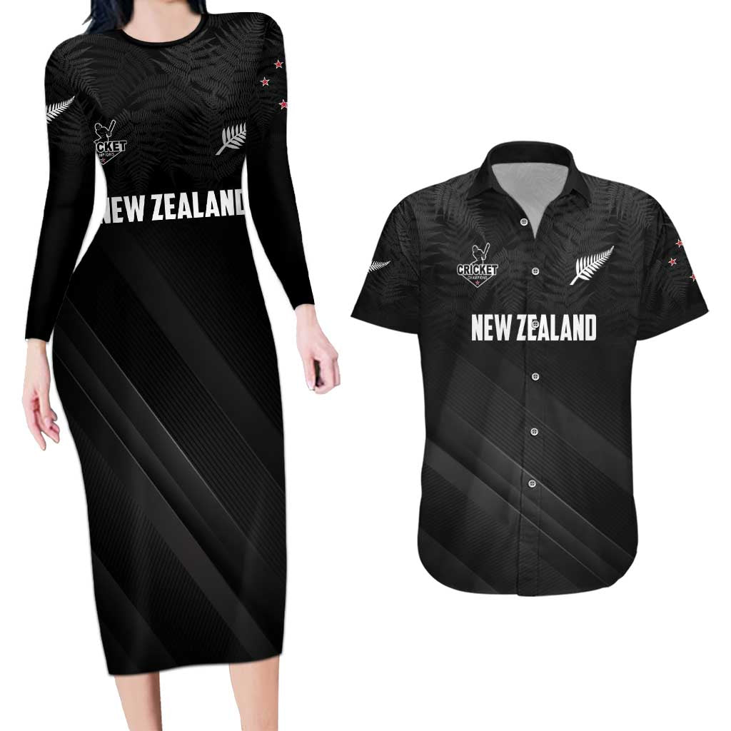 Custom New Zealand Cricket Couples Matching Long Sleeve Bodycon Dress and Hawaiian Shirt Aotearoa Black Cap Come On