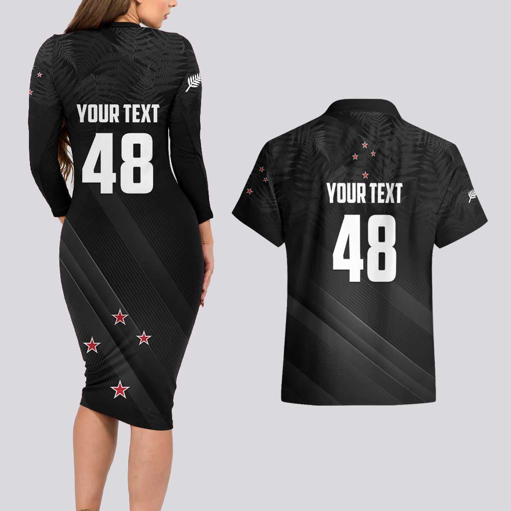 Custom New Zealand Cricket Couples Matching Long Sleeve Bodycon Dress and Hawaiian Shirt Aotearoa Black Cap Come On