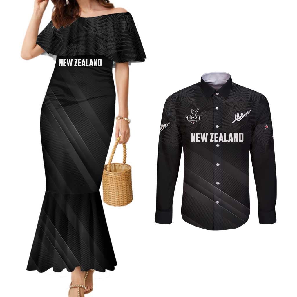 Custom New Zealand Cricket Couples Matching Mermaid Dress and Long Sleeve Button Shirt Aotearoa Black Cap Come On