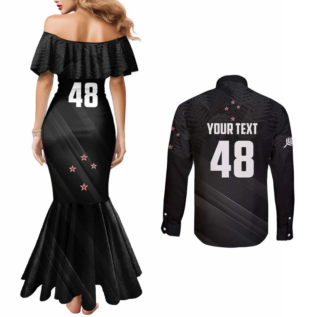 Custom New Zealand Cricket Couples Matching Mermaid Dress and Long Sleeve Button Shirt Aotearoa Black Cap Come On