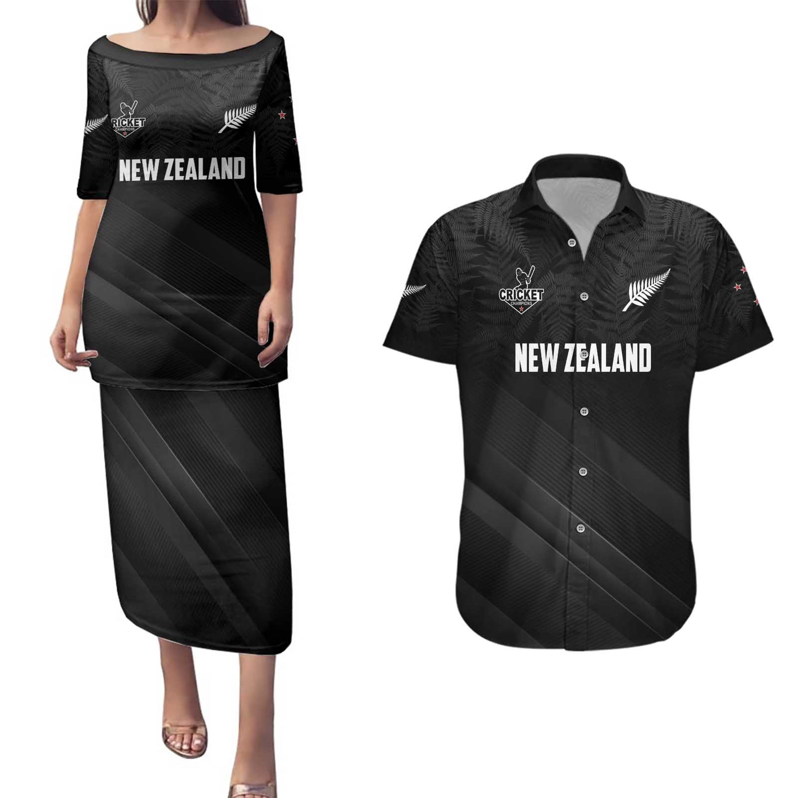 Custom New Zealand Cricket Couples Matching Puletasi and Hawaiian Shirt Aotearoa Black Cap Come On