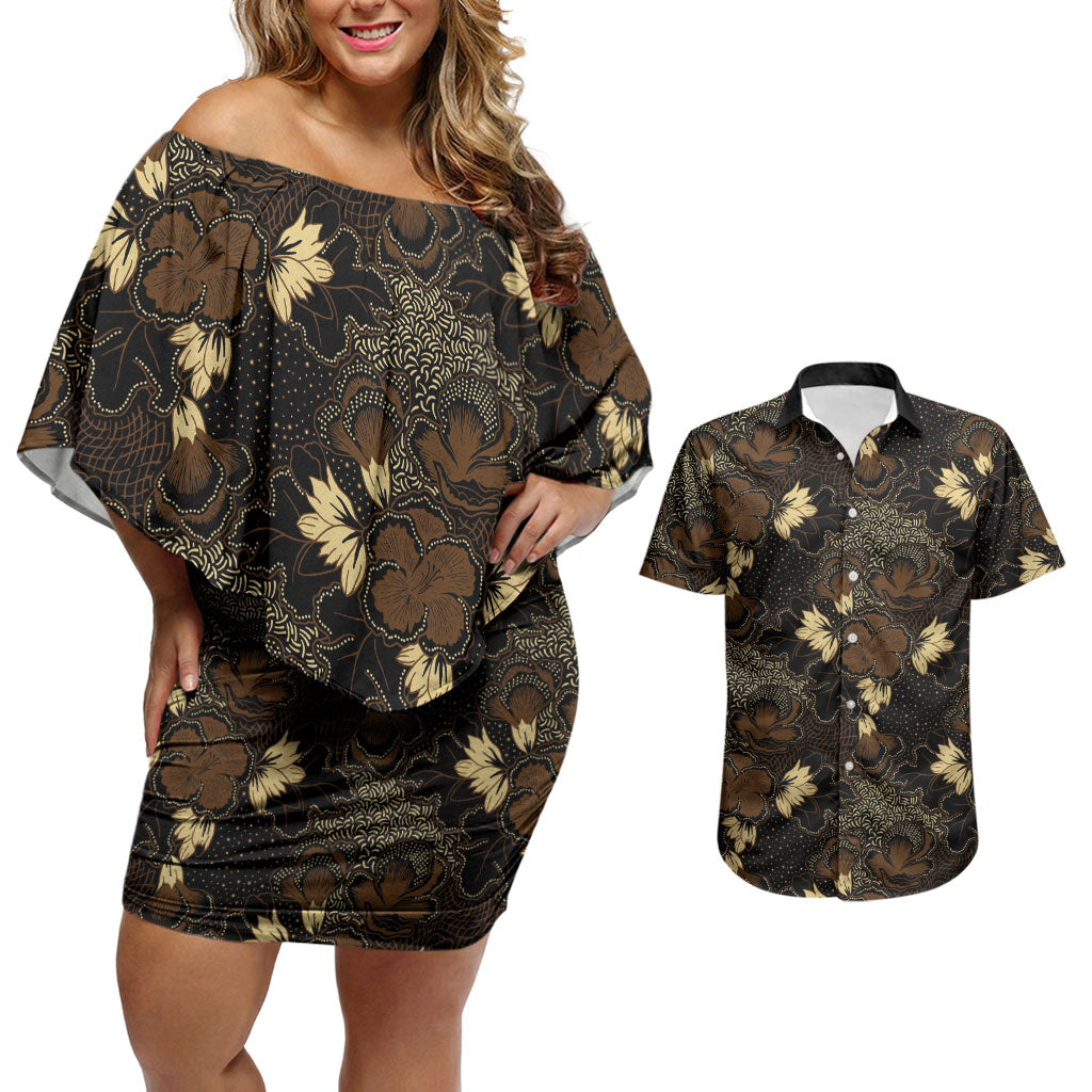 Javanese Batik Semen Couples Matching Off Shoulder Short Dress and Hawaiian Shirt Indonesian Traditional Pattern LT01 Black - Polynesian Pride