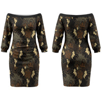 Javanese Batik Semen Couples Matching Off The Shoulder Long Sleeve Dress and Long Sleeve Button Shirt Indonesian Traditional Pattern LT01 - Polynesian Pride