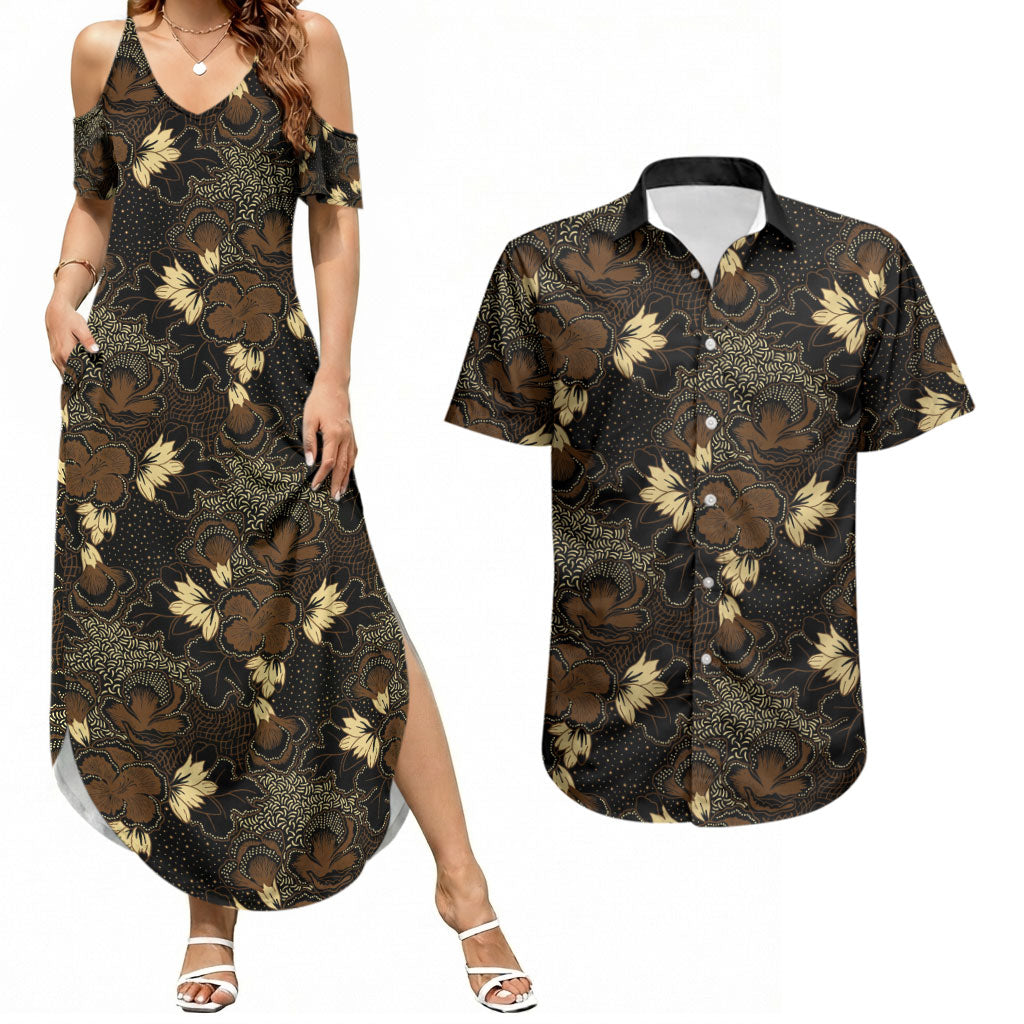 Javanese Batik Semen Couples Matching Summer Maxi Dress and Hawaiian Shirt Indonesian Traditional Pattern LT01 Black - Polynesian Pride