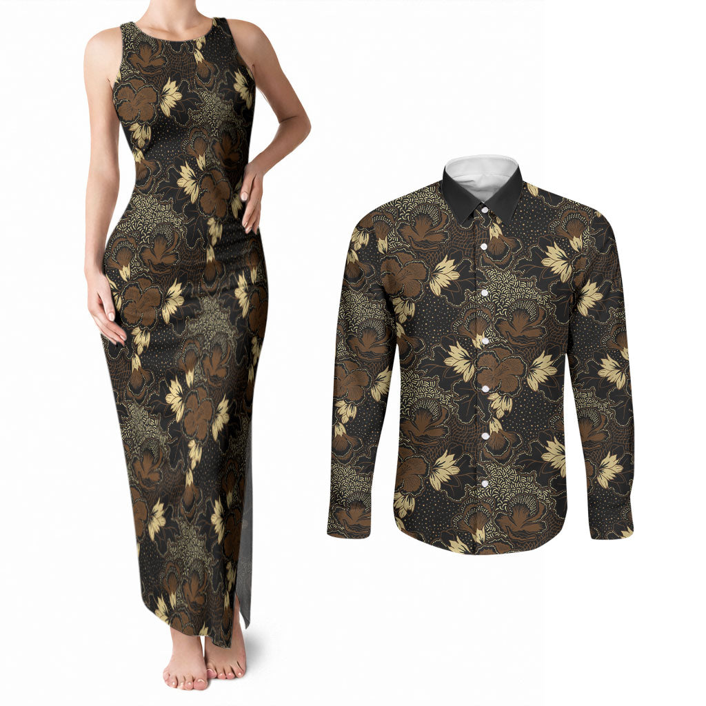 Javanese Batik Semen Couples Matching Tank Maxi Dress and Long Sleeve Button Shirt Indonesian Traditional Pattern LT01 Black - Polynesian Pride