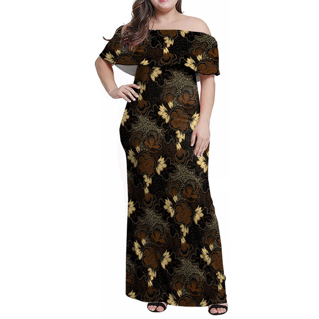 Javanese Batik Semen Family Matching Off Shoulder Maxi Dress and Hawaiian Shirt Indonesian Traditional Pattern