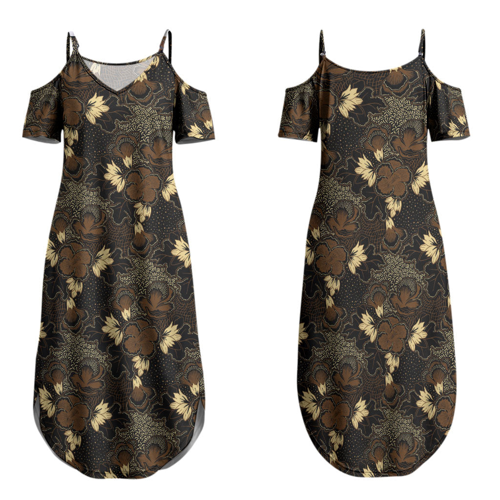 Javanese Batik Semen Family Matching Summer Maxi Dress and Hawaiian Shirt Indonesian Traditional Pattern LT01 Mom's Dress Black - Polynesian Pride