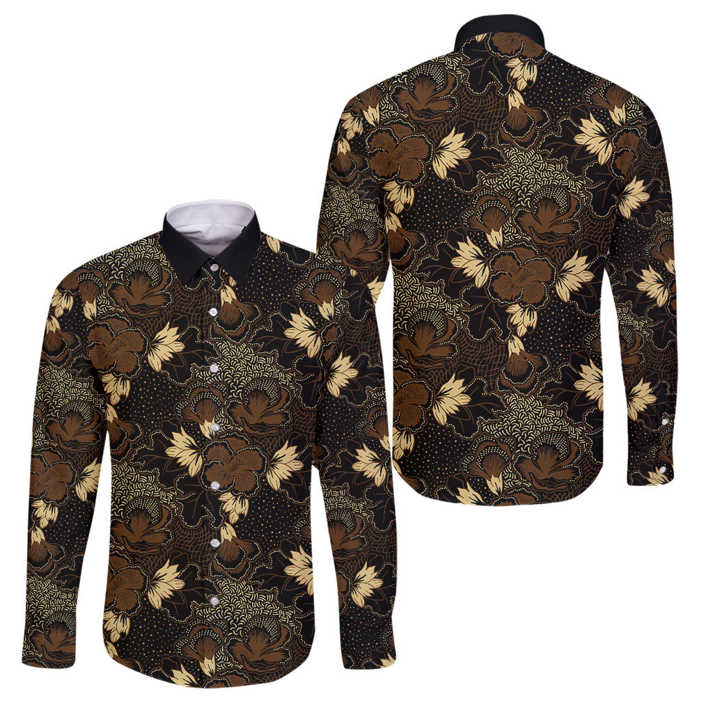 Javanese Batik Semen Family Matching Summer Maxi Dress and Hawaiian Shirt Indonesian Traditional Pattern LT01 Dad's Shirt - Long Sleeve Black - Polynesian Pride