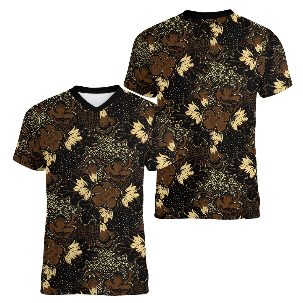 Javanese Batik Semen Women V-Neck T-Shirt Indonesian Traditional Pattern