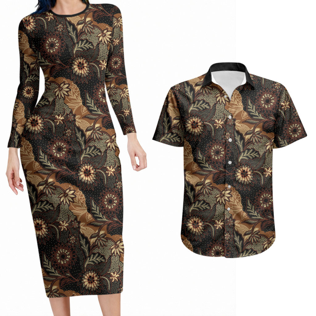 Batik Pedalaman Semen Lereng Style Couples Matching Long Sleeve Bodycon Dress and Hawaiian Shirt Indonesian Traditional Pattern LT01 Black - Polynesian Pride