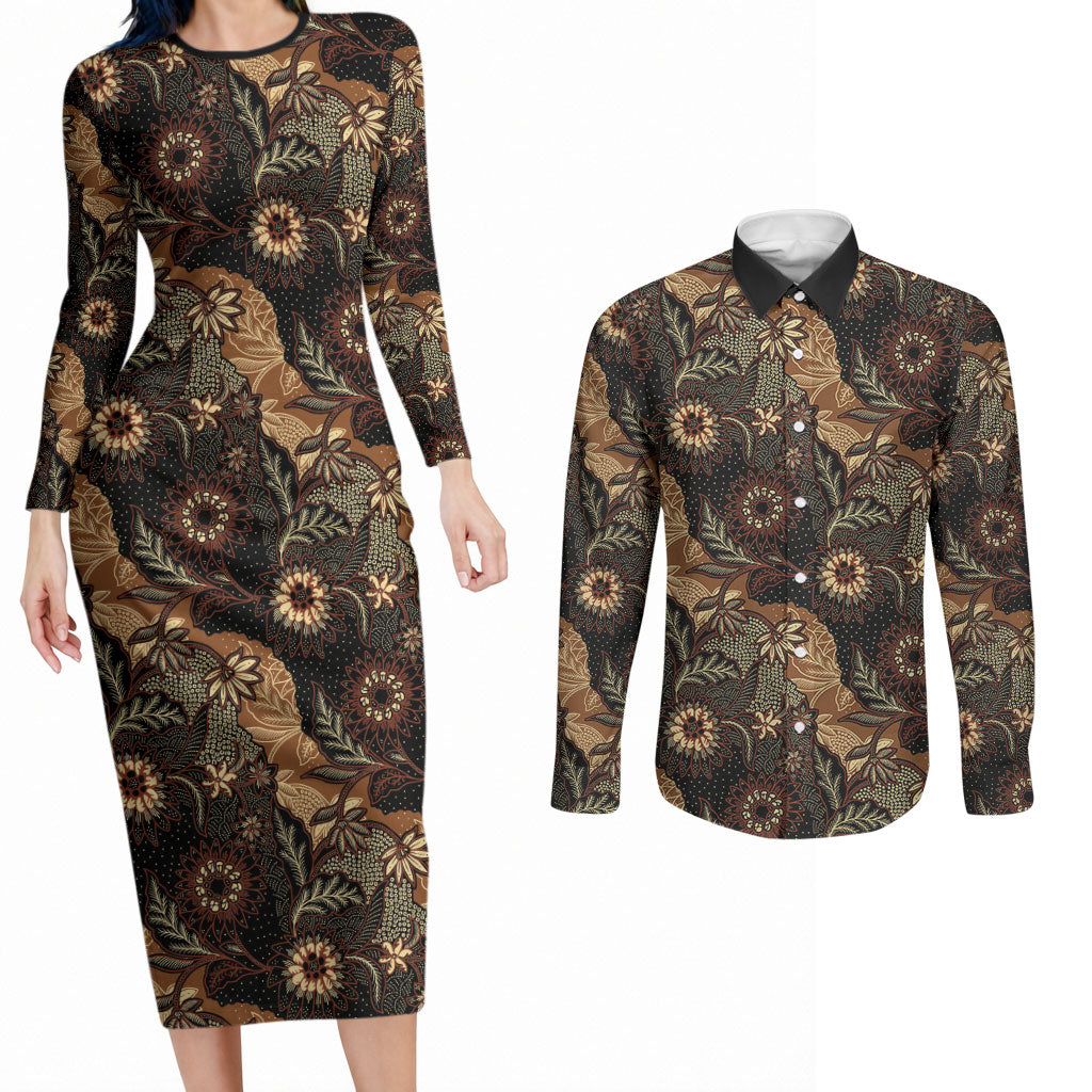 Batik Pedalaman Semen Lereng Style Couples Matching Long Sleeve Bodycon Dress and Long Sleeve Button Shirt Indonesian Traditional Pattern LT01 Black - Polynesian Pride